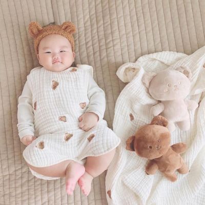ถุงนอนปักลายหมีดูแลแม่ เสื้อผ้าเด็กแรกเกิด ชุดนอนแขนกุด ชุดนอนผ้าก๊อซลายหมี ผ้าฝ้ายแท้ชุดนอนชุดนอนเด็กชดุ นอนเด็ก ถุงนอนเด็ก