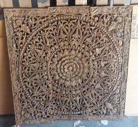 Mandala Wood Carving Panel 90 x 90 cm ฺBrown Wash Lotus Wooden Plaque Wall Art Hanging Mandala Bohemian Wooden Plaque Home Decor Chiang Mai Wood Thai Art ไม้แกะสลัก 90 x 90 cm