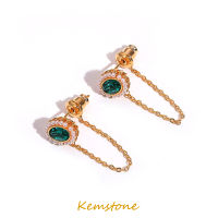 Kemstone Trendy Gold Plated Metal Tassel Chain Pearl Shiny Green Zircon Stud Earrings For Women Office OL Fashion Jewelry Gift