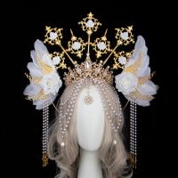 Lolita Sun Halo Crown Headpiece Tassel Bead Chain Angel Wings Rose Spiked Headband Gothic Vintage Mary Baroque Tiara Headwear