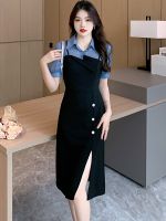 【YF】 2023 Black Patchwork Blue Polo Collar Midi Shirt Dress Women Elegant Casual Office Lady Summer Fashion Bodycon Party