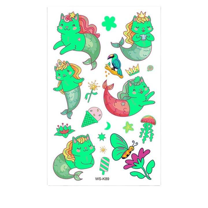 tattoo-stickers-luminous-child-kids-temporary-fake-tattoos-girls-dinosaur-unicorn-mermaid-shark-car-glowing-waterproof-tattoos