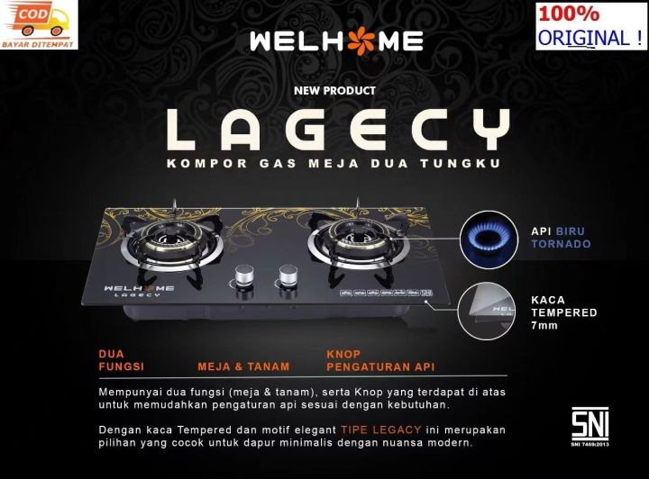 Welhome Kompor Gas Kaca Tanam 2tungku Black Edition Minimalis