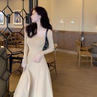 利Suxi ชุดเดรส Midi Dress ทรงเอแขนยาวคอสี่เหลี่ยมสไตล์ฝรั่งเศสแฟชั่นสตรี