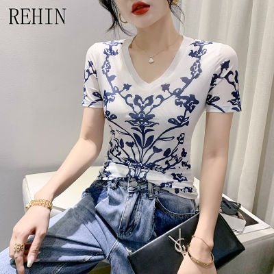 REHIN เสื้อยืดแขนสั้นคอวีพิมพ์ลายดอกไม้ผ้าตาข่ายสำหรับฤดูร้อนสำหรับผู้หญิงทันสมัยและเข้ารูป S-3XL โชว์เสื้อสวยอินเทรนด์