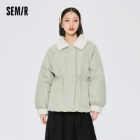 Semir Padded Women Mid-Length Imitation Lamb Wool Simple Stitching 2022 Winter New Loose Fur Collar Top Cotton Coat