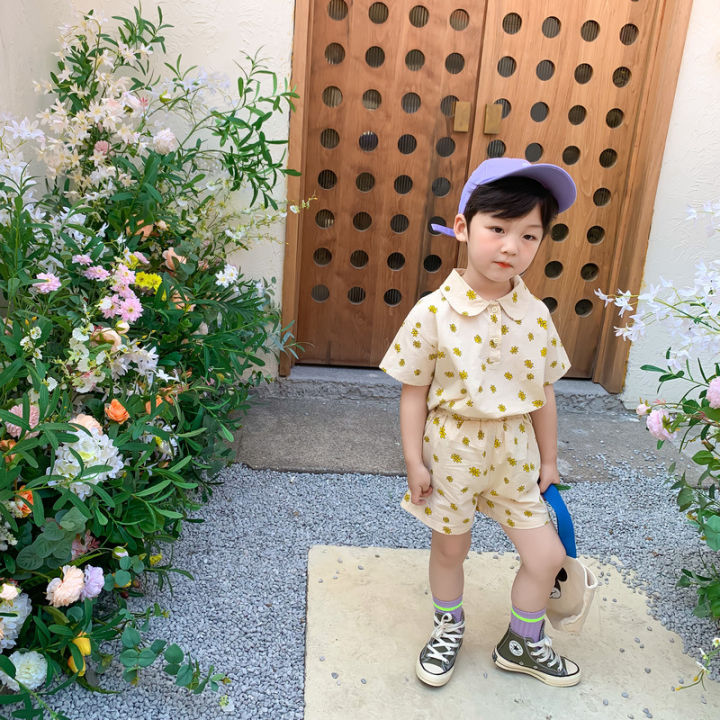 ชุดพี่น้องเด็ก-2021-กางเกงขาสั้นเด็กผู้ชายและเด็กผู้หญิงในช่วงฤดูร้อนเหมาะกับชุดเดรสเด็กลายดอกไม้กระโปรงผ้าฝ้ายลายดอกไม้