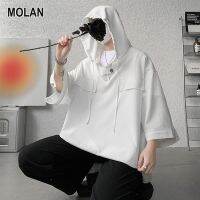 MOLAN เสื้อยืดโปโล ผู้ชาย-เสื้อโปโลใหม่มีฮู้ดสำหรับผู้ชาย,เสื้อเบลาส์แขนสามส่วนทรงหลวมลำลองแบบพรีเมียม