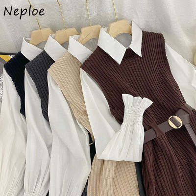 Neploe Simple Fashion 2 Pcs Women Set Turn-down Collar Single Breasted Shirts Chic Belt Slim Waist Split Knitted Vest Suit
