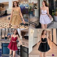 TT18428 set 2 ชิ้น เสื้อครอปสายเดี่ยว + กระโปรงสั้น ปักซีทรู .Set of 2 pieces. Cropped top + short skirt. Embroidered see-through..