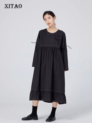 XITAO Dress Casual Loose  Long Sleeve Women Draw String Dress