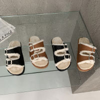 รองเท้าขนฟูส้นแบนสไตล์วินเทจหนังแท้สไตล์ญี่ปุ่นสีดำรองเท้า Birkenstock 2022 รองเท้าแตะผ้าพลัฌสำหรับผู้หญิงรุ่นใหม่สำหรับฤดูใบไม้ร่วงและฤดูหนาว ~