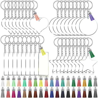 108Pcs Acrylic Board Clear Round Star Rectangle Heart Shape Keychain Blanks Colourful Tassel Key Rings Set for DIY Craft
