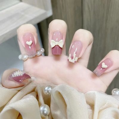 [COD] girly manicure patch three-dimensional pearl heart bow nail blush smudged gradient fake nails
