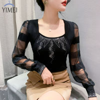 YIMEI เสื้อคอตตอนผู้หญิงคอสี่เหลี่ยมเซ็กซี่2023ฤดูใบไม้ร่วงใหม่เสื้อยืดแวววาวประดับเพชรร้อนแรงเสื้อกระชับสัดส่วนมีแขนยาวสีดำ