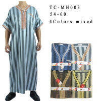 Gifts Spot African MenS Striped Cotton And Hemp Arabic Robe Islam Summer Short -Sleeved Casual