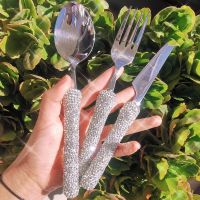 Dinnerware Set 3 Pieces Cutlery Set Stainless Steel Western Tableware Classic Dinner Set Knife Fork Manual Mosaic Rhinestones