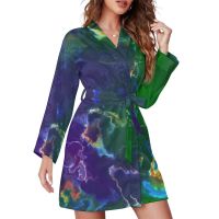 【LZ】♗☁  Colorido Splash Robe Pijama Abstrato Tinta Imprimir Manga Longa Casual Pijama Robes Mulher V Neck Bonito Roupão Outono Design Vestido