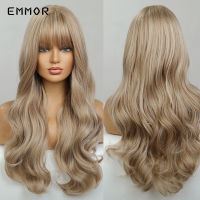 Emmor Ash Blonde Wavy Wigs for Women Hair Soft Natural Light Blond Wig with Bangs Heat Resistant Fiber Synthetic Hair Wig