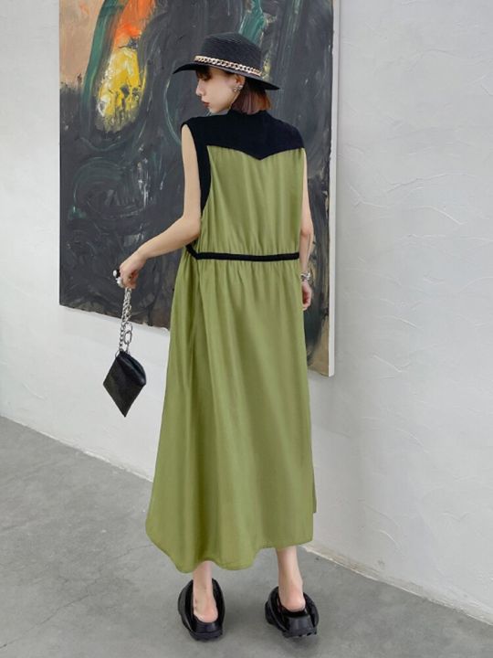 xitao-contrasting-colors-dress-fashion-casual-drawstring-waist-loose-sleeveless-women