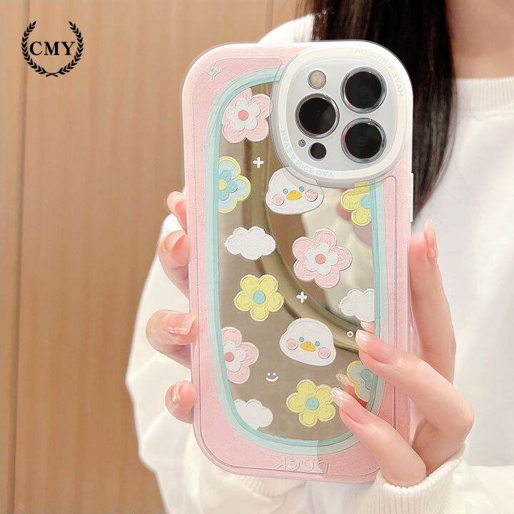 เคสโทรศัพท์มือถือ-แบบนิ่ม-ลายภาพวาดสีน้ํามัน-รูปเป็ด-และดอกไม้-มีกระจกแต่งหน้า-สําหรับ-12-13-pro-max-mini-xr-xs-7-8-plus