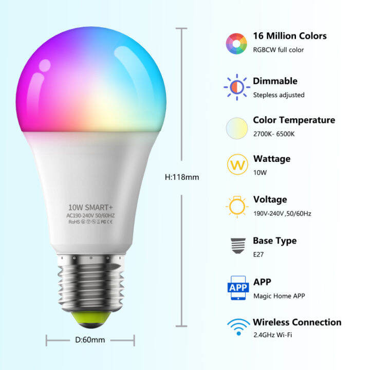 หลอดไฟ WiFi อัจฉริยะทำงานร่วมกับ Alexa RGB Corlorful ตั้งเวลาหรี่แสงได้