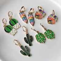 【hot】✳  New Enamel Cactus Pendant Earrings for Gold Color Hoop Jewelry Wholesale