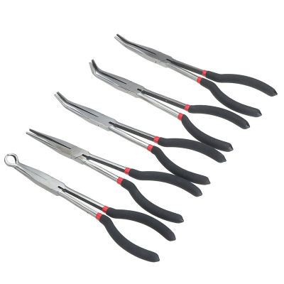 5pcs Car 11" Extra Long Reach Nose Pliers Tool Set 25 45 90 Degree Straight Bent Tip Mechanics Hose Gripper O-type