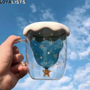 300ml Christmas Wish Glass Cup with Lid Double Layer Glass Cute Coffee Mug  Cartoon Christmas Tree Star Water Cup Xmas Gifts