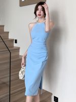 Genuine Uniqlo High-end High-end elegant lady style dress for women summer pearl halter dress design pleated sleeveless slit skirt