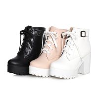 Autumn Boots Boots Women Round Toe Buckle Shoes Women High Heel Fashion Plus Size Square Heels Lacing 3 Colors 369