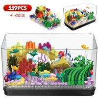 Moc Ocean Exploration Fish Tank Micro Building Blocks DIY Fishbowl พร้อมไฟ LED อิฐตกแต่งห้องของเล่นสำหรับเด็ก