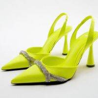 2023 ZARAˉAutumn New Line Womens Shoes Green Lime Shiny Sheep Leather High Heel Muller Shoes