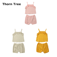 Thorn Tree 2Pcs ชุดกางเกงขาสั้นเด็กผู้หญิงสีทึบผ้าฝ้ายลินิน Halter Top Shorts Outfit Clothes