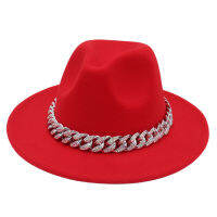 Dark green Fedora Rhinestone chain mens Hat Womens feel Jazz ring buckle accessories Panama 2022 Fedora red шляпаженская