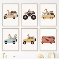 Cartoon Giraffe Elephant Rhino Bus Car Jeep Animals Nursery Art Canvas Posters Prints Painting Wall Pictures For Kids Room Decor Wall Décor