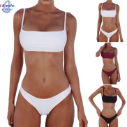 Women 2 Pieces Bikini Swimsuits Summer Solid Color Spaghetti Strap Bathing