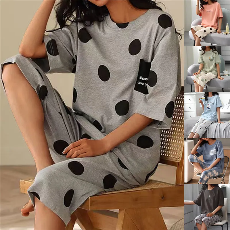 Summer Women Sleepwear Homewear Cartoon Pajama Sets Soft Short Sleeve  Loungewear 