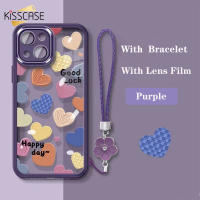 KISSCASE ลายรูปหัวใจรักสายรัดข้อมือเคสโทรศัพท์สำหรับ Iphone 14 13 12 11 Pro Max 14 Plus พร้อมด้วยตัวป้องกันฟิล์มเลนส์ฝาครอบด้านหลังกันกระแทก TPU นิ่มใสสไตล์ INS สำหรับ Iphone X XR XS Max