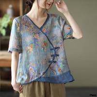 2021 New Vintage Printing Chinese Style Traditional Clothing Autumn Women Tops V Neck Female Shirt Loose Size Blouse