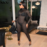 Kliou Striped Mesh Jumpsuits Women Unique Stitching See Through Sheath Midnight Hipster Long Sleeve Turtleneck Club Female Wear