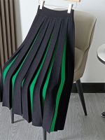 【CC】 Knitted Pleated Skirt Fashion Waist All-match A-line Color Blocking New