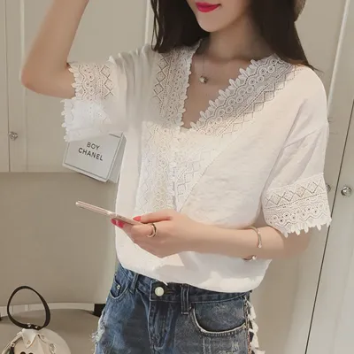 Women Casual Simple V Neck T-shirt Lace Hollow Loose All-match Tops