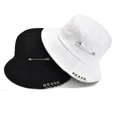 Personality Bucket Hat With Rings For Unisex Girls Boys Fisherman Caps Solid Color Breathable Sun Hats Hip Pop Punk Cap