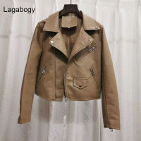 Lagabogy 2021ฤดูใบไม้ผลิฤดูใบไม้ร่วงใหม่ผู้หญิง PU หนังแจ็คเก็ต Streetwear Moto Biker Coat คุณภาพสูงหญิงสั้นสีกากี Outwear