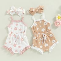 Summer Toddler Newborn Baby Girls Clothes Sets Waffle Floral Print Sleeveless Bodysuits+Ruffes Drawstring Shorts+Headband  by Hs2023