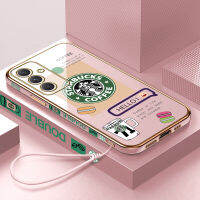 เคสมือถือปลอกสำหรับ Samsung Galaxy A54 5G มีฟรีสายคล้อง + โลโก้ Starbucks แฟชั่นฝาครอบขอบสี่เหลี่ยมชุบเคลือบผิวแบบนิ่ม