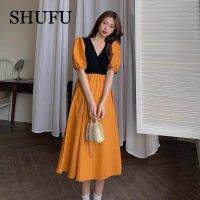 SHUFU 5106 สต็อกพร้อม สไตล์เกาหลี เดรสชีฟองสำหรับผู้หญิง พลัสไซส์ ยาว คอวี เดรสแขนสั้น