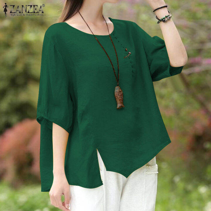 สินค้ามาใหม่-จัดส่งฟรี-fancystyle-zanzea-เสื้อยืดผ่าข้างฝ้ายลินินสำหรับผู้หญิงเสื้อสูงต่ำเย็บลายดอกไม้ย้อนยุค-8