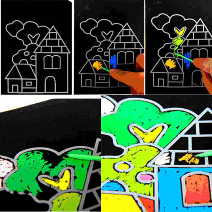 10-pcs-13x9-8cm-scratch-art-paper-กระดาษวาดภาพมายากลพร้อม-drawing-stick-สำหรับของเล่นเด็กของเล่นวาดภาพที่มีสีสัน